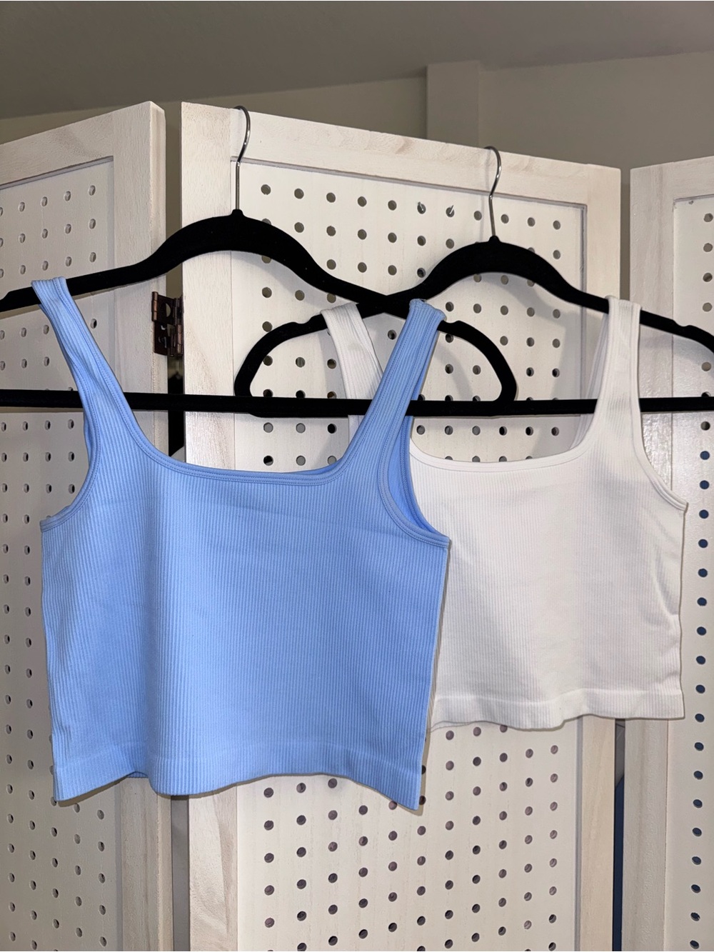 Square Neck Ribbed Crop Tank Top - Blue & White